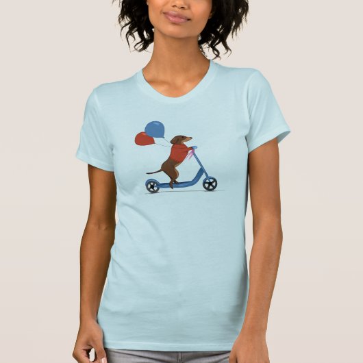 Dachshund op scooter met ballonnen t-shirt (Voorkant)