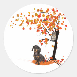 Dachshund Owl and Herfst Tree Dachshund Lover Autu Ronde Sticker