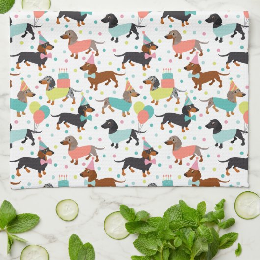 Dachshund Party Kitchen Towel Theedoek (Gevouwen)