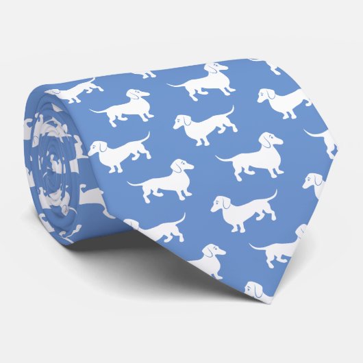 Dachshund Pattern Blue and White Stropdas Doxie Do (Opgerold)