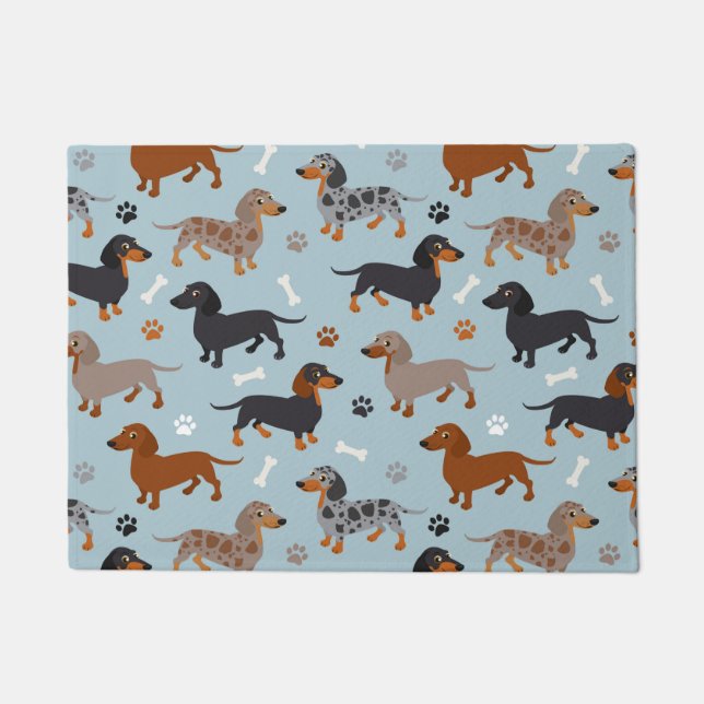 Dachshund Paws and Botten Pattern Blue Deurmat (Voorkant)