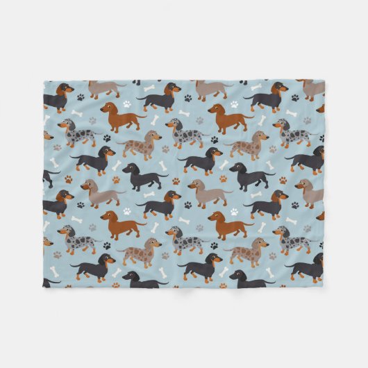 Dachshund Paws and Botten Pattern Blue Fleece Deken (Voorkant (Horizontaal))