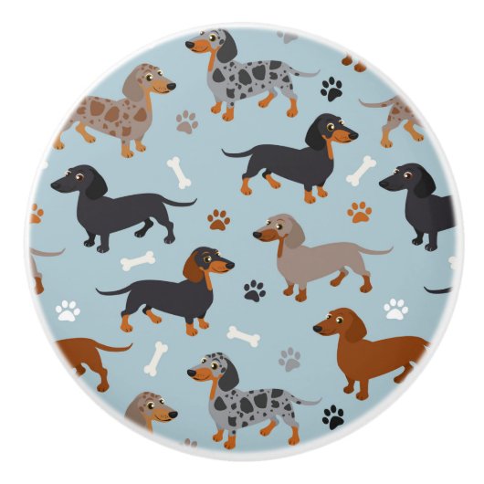 Dachshund Paws and Botten Pattern Blue Keramische Knop (Voorkant)