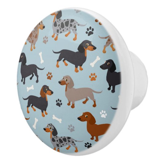 Dachshund Paws and Botten Pattern Blue Keramische Knop (Rechts)
