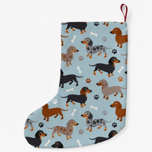 Dachshund Paws and Botten Pattern Blue Kleine Kerstsok (Achterkant)