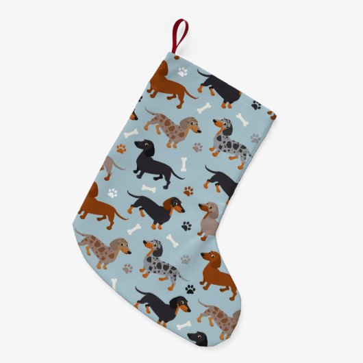 Dachshund Paws and Botten Pattern Blue Kleine Kerstsok (Voorkant (Hangend))