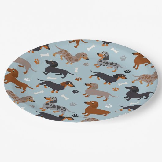 Dachshund Paws and Botten Pattern Blue Papieren Bordje (Gekanteld)