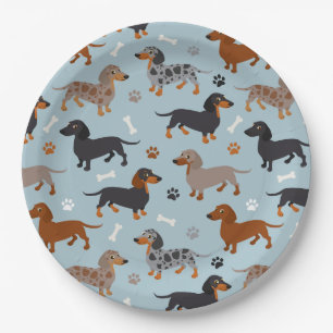 Dachshund Paws and Botten Pattern Blue Papieren Bordje