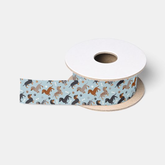 Dachshund Paws and Botten Pattern Blue Satijnen Lint (Spoel)