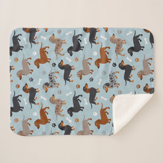 Dachshund Paws and Botten Pattern Blue Sherpa Deken (Voorkant (horizontaal))