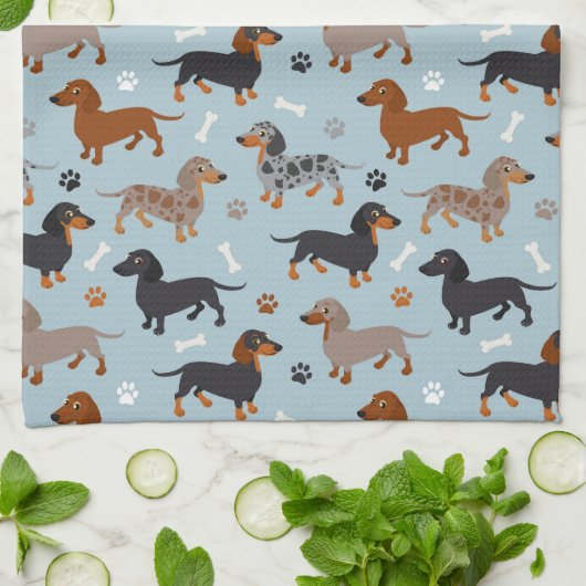 Dachshund Paws and Botten Pattern Blue Theedoek (Gevouwen)