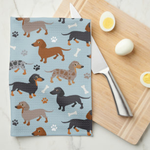 Dachshund Paws and Botten Pattern Blue Theedoek