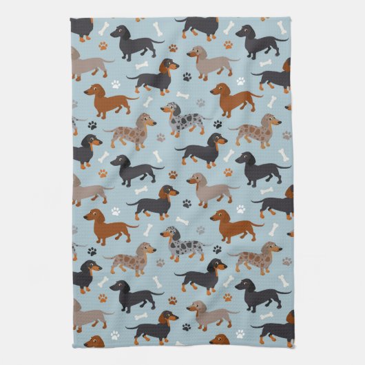 Dachshund Paws and Botten Pattern Blue Theedoek (Verticaal)