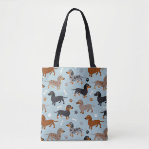 Dachshund Paws and Botten Pattern Blue Tote Bag