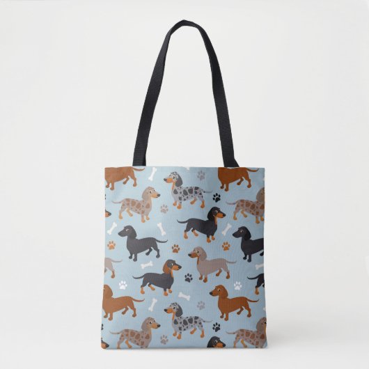 Dachshund Paws and Botten Pattern Blue Tote Bag (Voorkant)