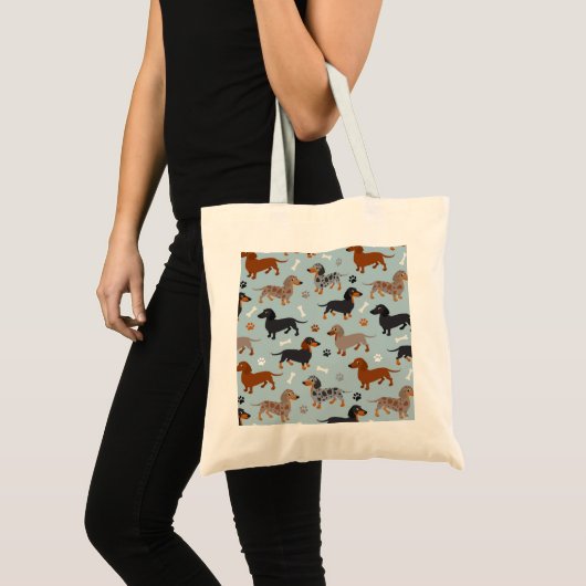 Dachshund Paws and Botten Pattern Blue Tote Bag (Voorkant (product))