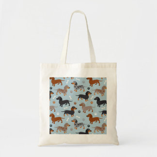 Dachshund Paws and Botten Pattern Blue Tote Bag