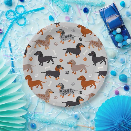 Dachshund Paws en Botten Pattern Grey Papieren Bordje (Feest)
