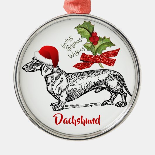 Dachshund Pet Holly Kerstversier Metalen Ornament (Voorkant)