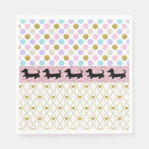 Dachshund Pink Gold Glitter Hearts Paper Napkins Servet