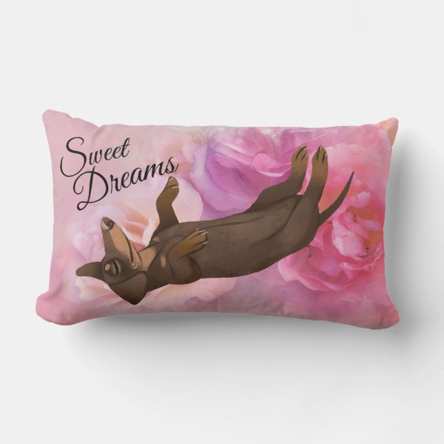 Dachshund Pink Roses Sweet Dreams Pillow Kussen (Voorkant)