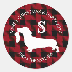 Dachshund Plaid Vakantie Monogram Ronde Sticker