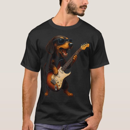Dachshund Playing Guitar Rock Music Dog Lover Pet  T-shirt (Voorkant)