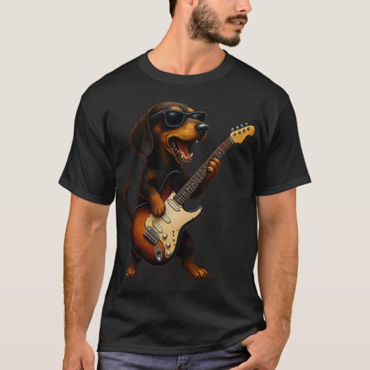 Dachshund Playing Guitar Rock Music Dog Lover Pet  T-shirt (Voorkant)