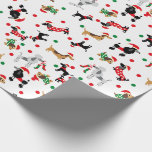 Dachshund Poedel Dobie Hond Puppy Bright Christmas Cadeaupapier<br><div class="desc">Vier de magie van het vakantieseizoen met dit prachtige ontwerp, met schattige en ondeugende hondenballen: teckels, poedels en kleine dobies, spelend met rode en groene puppies. Moge uw Kerstmis "Furry & Bright" zijn! De tekst wordt weergegeven in een modern penseelscriptlettertype. Personaliseer met je namen, en zet dit schattige kerstcadeau onder...</div>