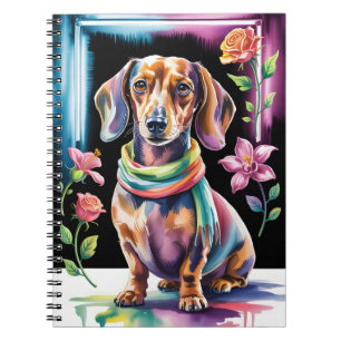 Dachshund-portret in neonlicht en bloemenkader notitieboek