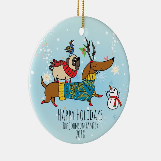 Dachshund, Pug & Bird Holiday Ceramic Ornament (Rechts)