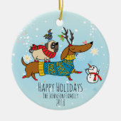 Dachshund, Pug & Bird Holiday Ceramic Ornament (Voorkant)
