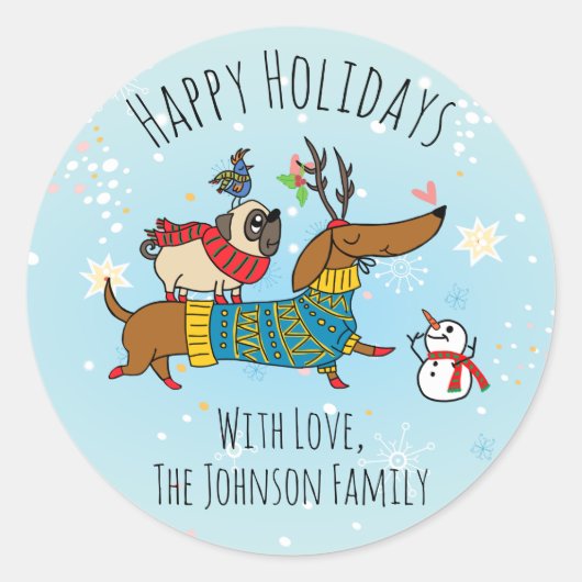 Dachshund, Pug & Bird Holiday Sticker (Voorkant)