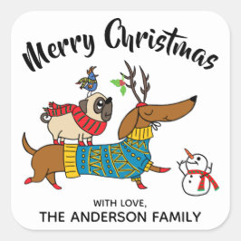 Dachshund, Pug & Bird kerstlabel Vierkante Sticker