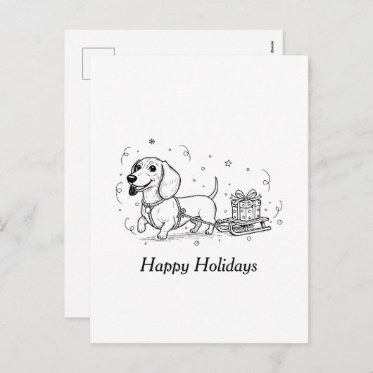 Dachshund pulling sleigh with a Christmas presents Feestdagenkaart (Voorkant / Achterkant)