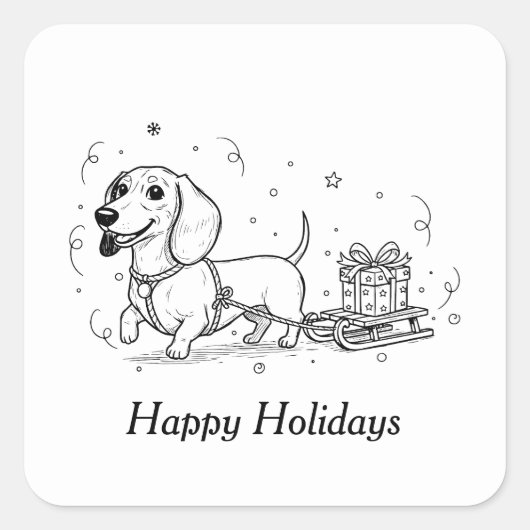 Dachshund pulling sleigh with a Christmas presents Vierkante Sticker (Voorkant)