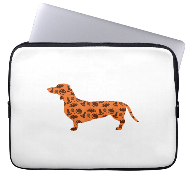 Dachshund Pumpkin Witch Bat Funny Spooky Halloween Laptop Sleeve (Voorkant)