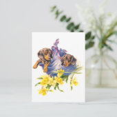 Dachshund-Puppies in Blanket met Daffodils Briefkaart (Staand voorkant)