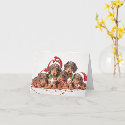 Dachshund Puppies Kerst Kaart (Gele Bloem)