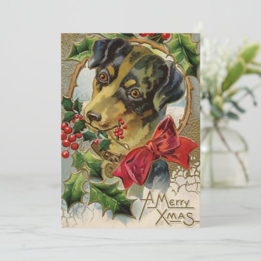 Dachshund Puppy Dog met Holly Feestdagenkaart (Staand voorkant)