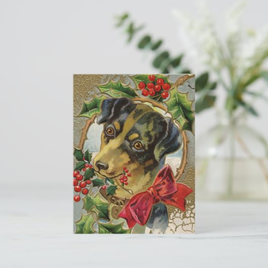 Dachshund Puppy Dog met Holly Feestdagenkaart (Staand voorkant)