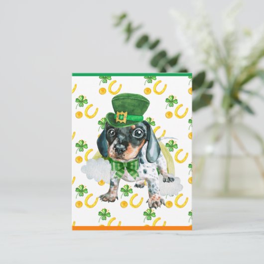 Dachshund Puppy Dog Shamrock St. Patricks Day Feestdagenkaart (Staand voorkant)