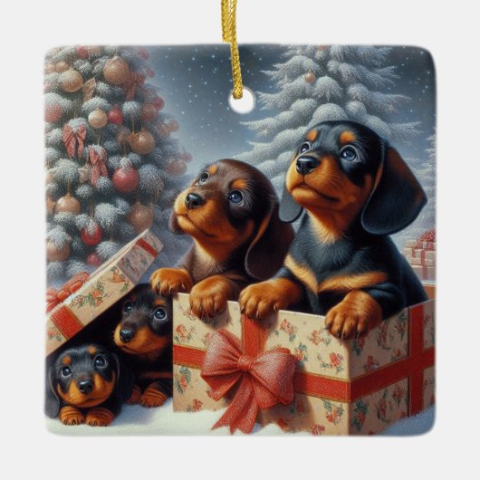 Dachshund Puppy Gepersonaliseerde Keramische Boom  Keramisch Ornament (Voorkant)