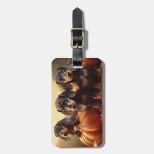 Dachshund Puppy Herfst Delight Pompoen Bagagelabel (Voorkant verticaal)