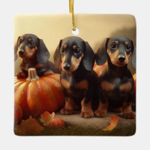 Dachshund Puppy Herfst Delight Pompoen Keramisch Ornament