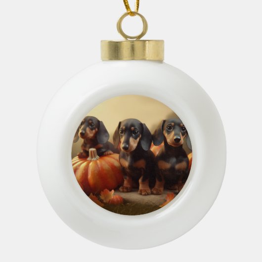 Dachshund Puppy Herfst Delight Pompoen Keramische Bal Ornament (Voorkant)