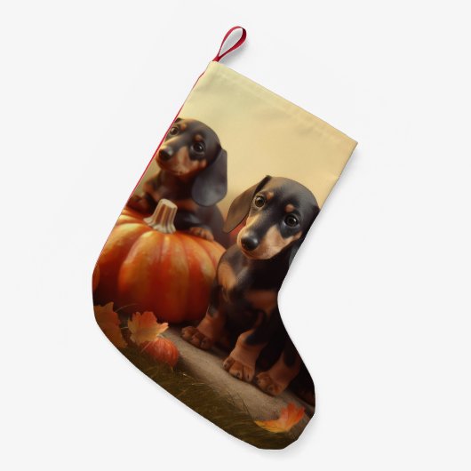 Dachshund Puppy Herfst Delight Pompoen Kleine Kerstsok (Voorkant (Hangend))