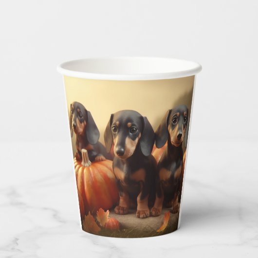 Dachshund Puppy Herfst Delight Pompoen Papieren Bekers (Achterkant)