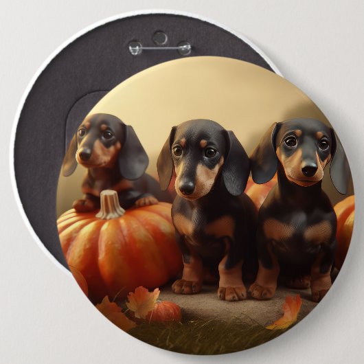 Dachshund Puppy Herfst Delight Pompoen Ronde Button 6,0 Cm (Voorkant /achterkant)