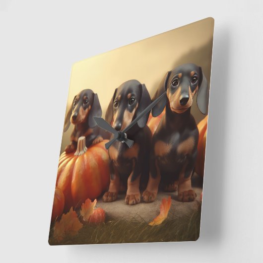 Dachshund Puppy Herfst Delight Pompoen Vierkante Klok (Hoek)